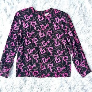 Vintage Albert Nipon Blouse Womens Size 14,  100% Silk  80s Pink Black